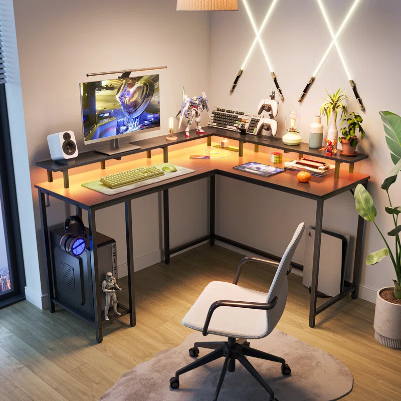 Kamai 54" L Shaped Computer Desk for Home Office Gaming Desk with LED Built-In Outlets with Storage Shelf