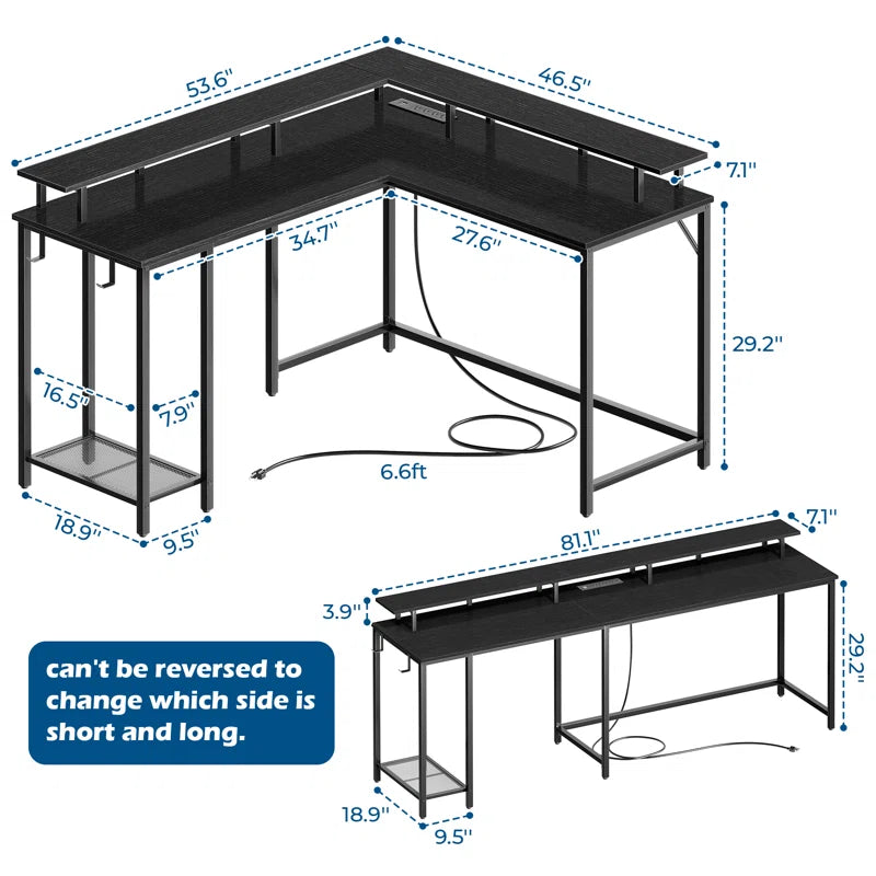 Kamai 54" L Shaped Computer Desk for Home Office Gaming Desk with LED Built-In Outlets with Storage Shelf