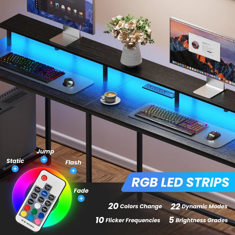 Kamai 54" L Shaped Computer Desk for Home Office Gaming Desk with LED Built-In Outlets with Storage Shelf