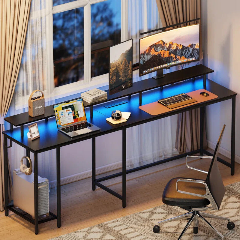 Kamai 54" L Shaped Computer Desk for Home Office Gaming Desk with LED Built-In Outlets with Storage Shelf