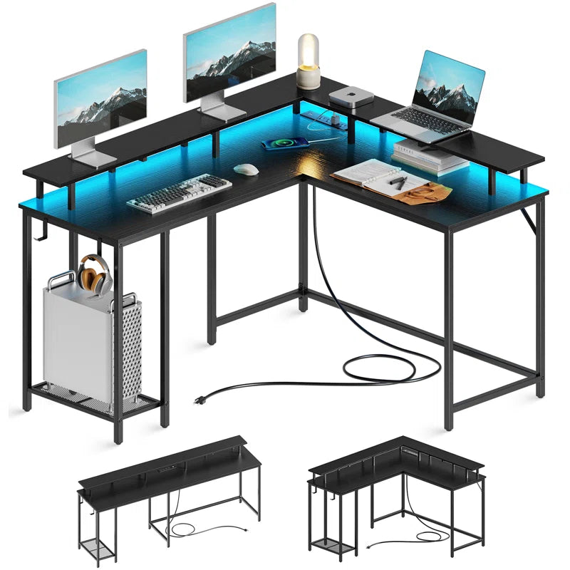 Kamai 54" L Shaped Computer Desk for Home Office Gaming Desk with LED Built-In Outlets with Storage Shelf